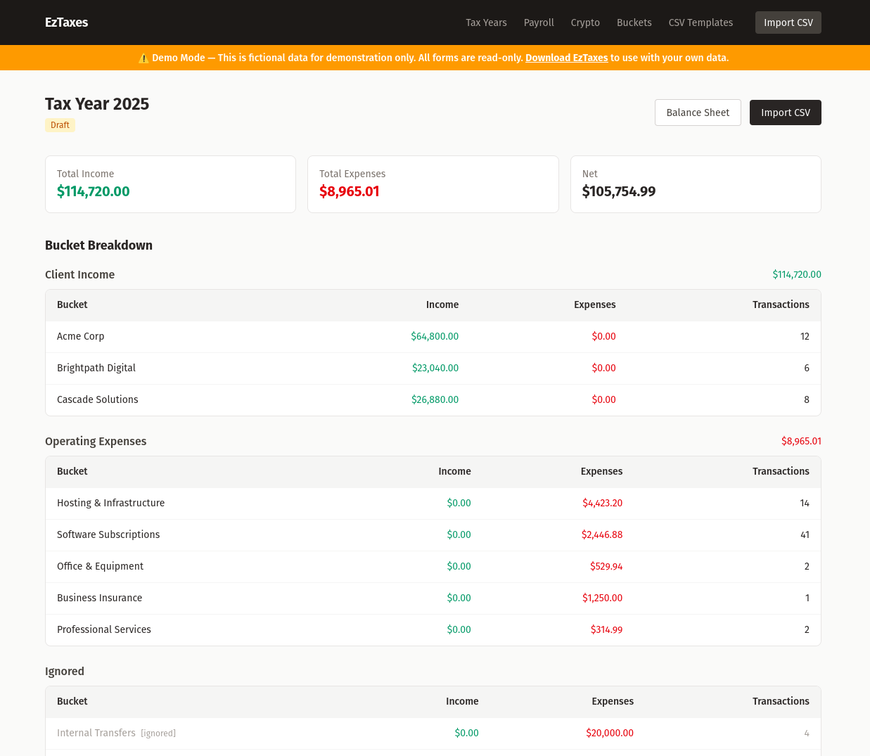 Screenshot of EzTaxes demo website